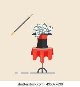 Magic Hat with money and magic wand. Isolated on light background.  Vector Icon Symbol