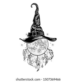 Magic hat, moon with feather pendants. Halloween poster. Vector illustration for all Saints ' Day.  Mystical symbols, witchcraft, the coven. Tattoo. Print for t-shirt, cover. Souvenir. Greeting card. 