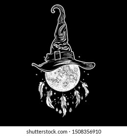 Magic hat, moon with feather pendants. Halloween poster. Vector illustration for all Saints ' Day.  Mystical symbols, witchcraft, the coven. Tattoo. Print for t-shirt, cover. Souvenir. Greeting card. 