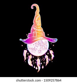 Magic hat, moon with feather pendants. Halloween poster. Vector illustration for all Saints ' Day.  Mystical symbols, witchcraft, the coven. Tattoo. Print for t-shirt, cover. Souvenir. Greeting card. 