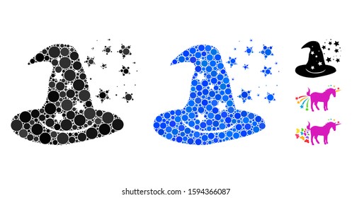 Magic hat mosaic of round dots in different sizes and color tinges, based on magic hat icon. Vector round dots are composed into blue composition. Dotted magic hat icon in usual and blue versions.