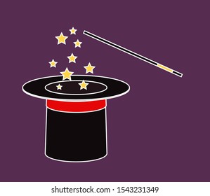 Magic hat on a purple background. Vector illustration.