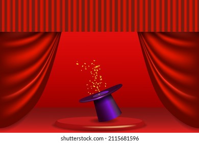 Magic hat on the stage. Red theater curtain and purple top hat