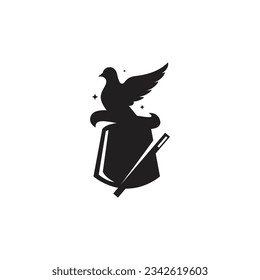 magic hat and pigeon dove black and white icon logo illustration