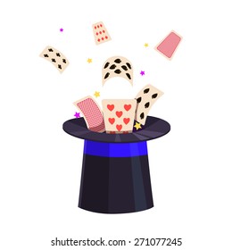 Magic hat playing cards  - vector illustration.