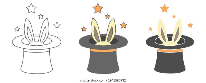 magic hat and rabbit design vector illustration. hand drawn element. black and white outline