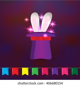 Magic hat with rabbit ears. Elements for party design. Magic trick on dark background. 