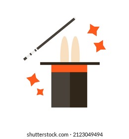 Magic hat with rabbit ears and a wand. Vector illustration in flat style. Icon on white.