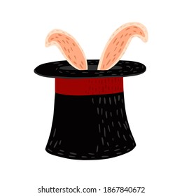 Magic hat with rabbit isolated on white background. Cartoon magic element for celebration hand drawn sketch black color. Vector illustration in Doodle style.