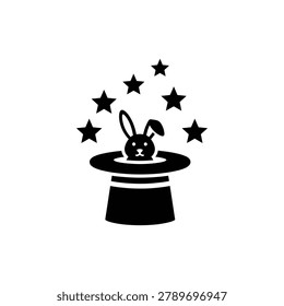 Magic hat with rabbit popping out and stars around, magic act icon