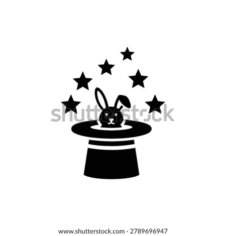 Magic hat with rabbit popping out and stars around, magic act icon
