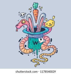 Magic hat with a rabbit and a snake. Cartoon illustration for print and web. Character in the modern graphic style. Trendy style.