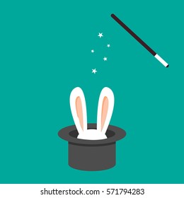 Magic hat with rabbit. Vector flat cartoon illustration