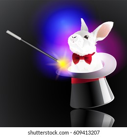 Magic hat with rabbit. The magic wand make a little bunny come out from the magic hat. Vector illustration.