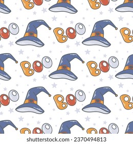 Magic hat seamless pattern. Witch hat, night stars and boo. Festive Halloween background. Sorcerer print for textile, paper, packaging, design vector illustration