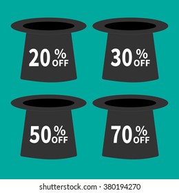 Magic hat set. Sale background. Big sale. Supersale tag. Special offer. 20% 30% 50% 70% off. Flat design. Vector illustration