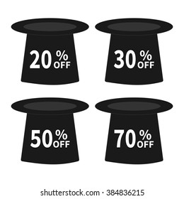 Magic hat set. Sale background. Big sale. Supersale tag. Special offer. 20% 30% 50% 70% off. Flat design. Isolated. Vector illustration