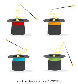 Magic Hat Set with a Wand. Flat Design Style. Vector illustration