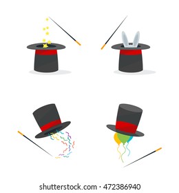 Magic Hat Set wand and Rabbit. Cartoon Flat Design Style four magician hats. Retro wizard cylinder Vector illustration