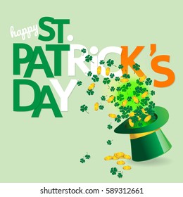 Magic hat with shamrock leaves design background for Saint Patrick’s Day. Green clovers leaves. Vector illustration.