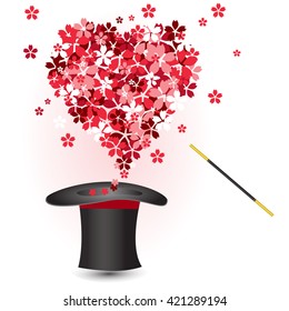Magic hat and spring heart from cherry flowers. Vector illustration.