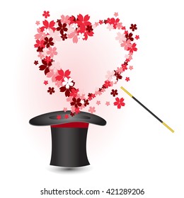 Magic hat and spring heart from cherry flowers. Vector illustration.