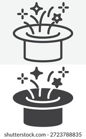 Sombrero mágico con icono de estrellas en línea y estilo sólido. Esquema y signo de Vector lleno con trazo editable, icono de símbolo de mago para trucos y diseño de fantasía.