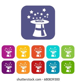 Magic hat with stars icons set vector illustration in flat style in colors red, blue, green, and other