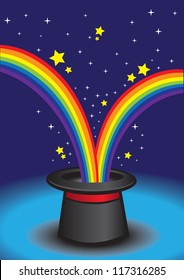 Magic hat with stars and rainbow. Vector illustration.