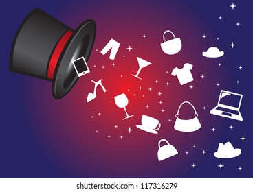 Magic hat with stars and shopping icons. Vector illustration.