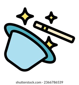 Magic hat trick icon outline vector. Wizard top. Stick wand color flat