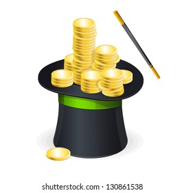 Magic hat vector and gold coins