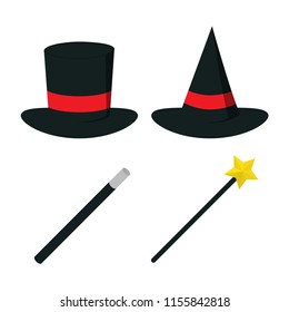 magic hat vector with magic wand, vector illustration, icon set