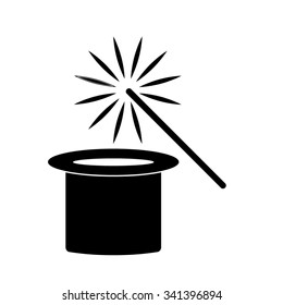 Magic hat and wand  - black vector icon