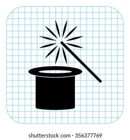 Magic hat and wand - black  vector icon