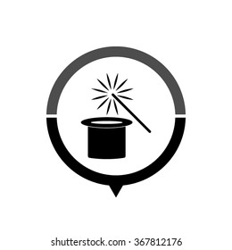 Magic hat and wand - black vector icon; map pointer;  message bubble