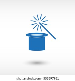 Magic hat and wand  - blue vector icon