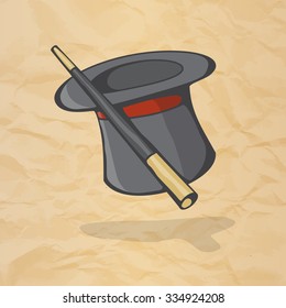 Magic hat and magic wand. The concept of a magic performance in the circus. Vector illustration.