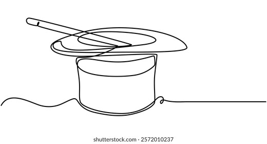 Magic hat with a wand of continuous one line drawing, Magician's Hat Icon on Transparent Background, Magic has outline pro vector illustration. minimal concept one line icon.