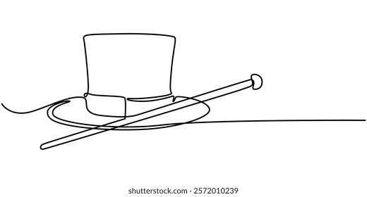 Magic hat with a wand of continuous one line drawing, Magician's Hat Icon on Transparent Background, Magic has outline pro vector illustration. minimal concept one line icon.