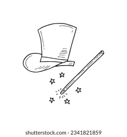 Magic hat and wand doodle line art cartoon hand-drawn vector magician.