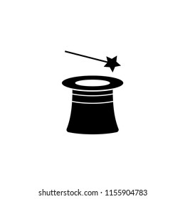Magic Hat and Wand. Flat Vector Icon illustration. Simple black symbol on white background. Magic Hat and Wand sign design template for web and mobile UI element