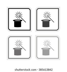 Magic hat and wand  - grayscale vector icon