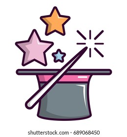 Magic hat with magic wand icon. Cartoon illustration of magic hat with magic wand vector icon for web design