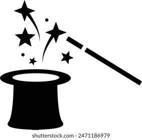 Magic hat with wand icon. Wand magic hat sign. Magic hat with stars symbol. flat style.