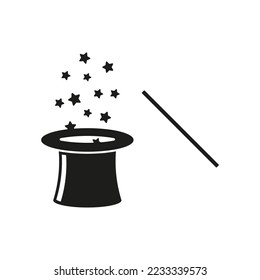 Magic hat and magic wand icon. Vector. Flat design.