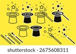 Magic hat and wand icons set with stars, outline and silhouette style, vector illustration on yellow background, perfect for magic, illusion, entertainment, fantasy design.