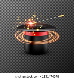 Magic Hat with Magic wand isolated. Vector Magician perfomance. Wizzard show background.