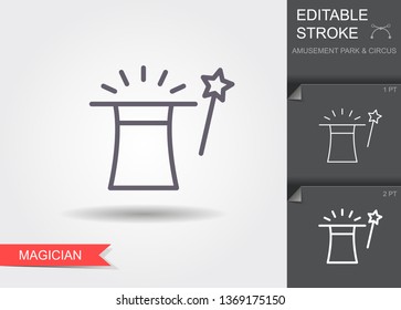 Magic Hat and Wand. Line icon with editable stroke. Linear symbol