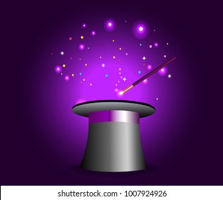 Magic hat with wand on violet mysterious background with sparkling lights. Vector magician perfomance. Wizzard illusionist show. Vector illustration.